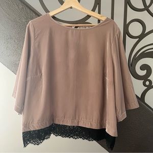River Island Boxy Pink Velvet Cropped drop shoulder Blouse with Lace Black Trim